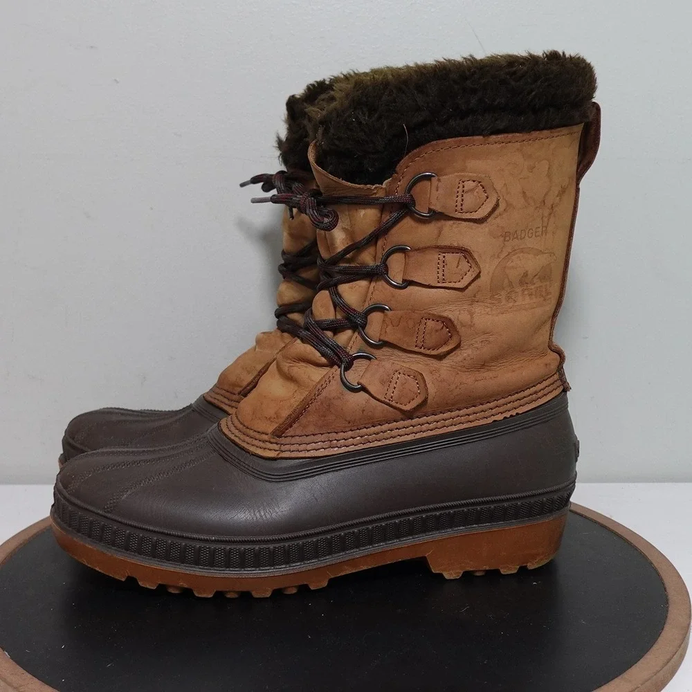 VTG Sorel Badger Boots Men 8 Brown‎ Leather Rubber Waterproof Winter Snow Lined